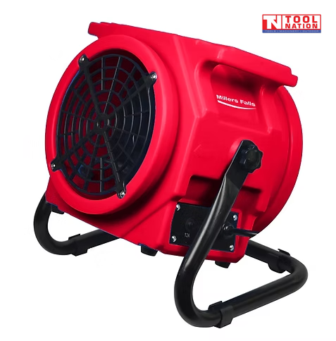 Angled view of a compact black air blower with rectangular housing, front outlet, carry handle, and control panel.