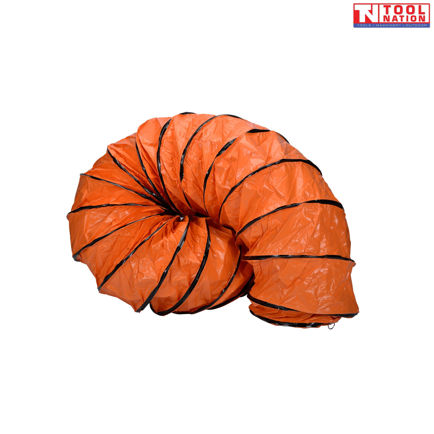 Coiled orange flexible ventilation hose with black reinforcing rings and wide circular opening.
