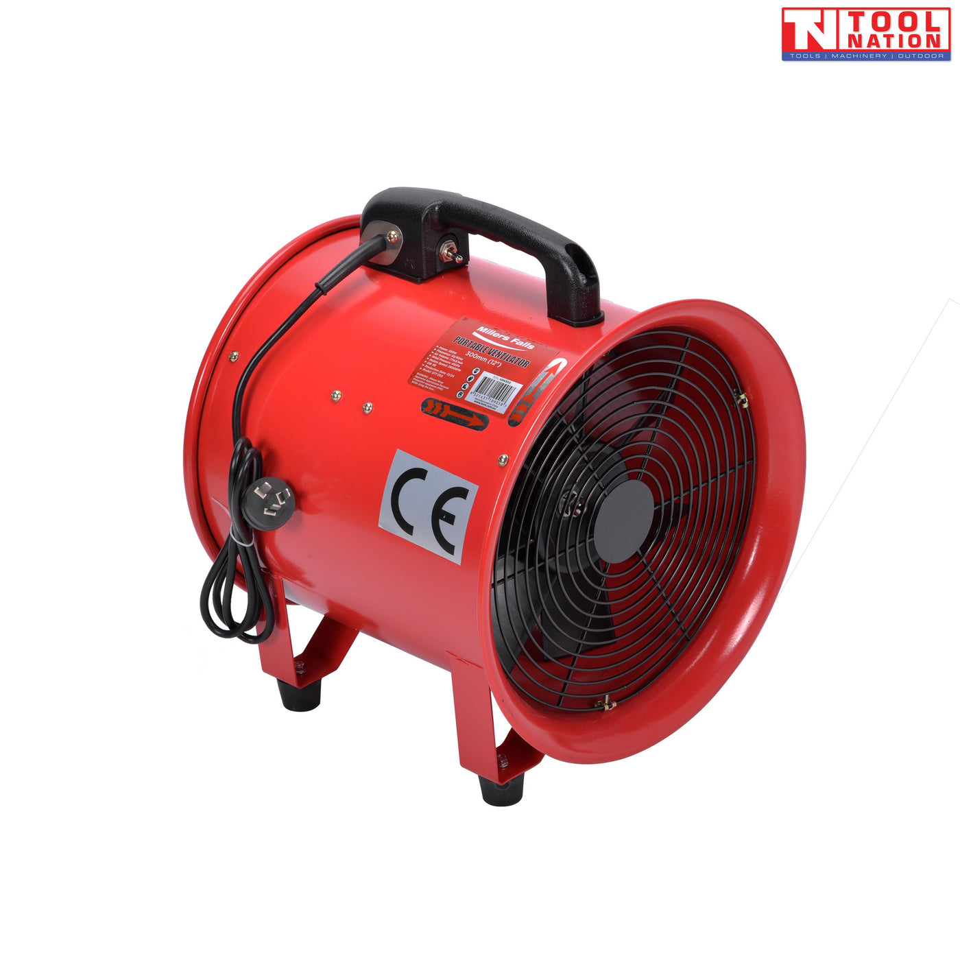 Angled view of a red cylindrical ventilator with front grille, handle, and black base frame.
