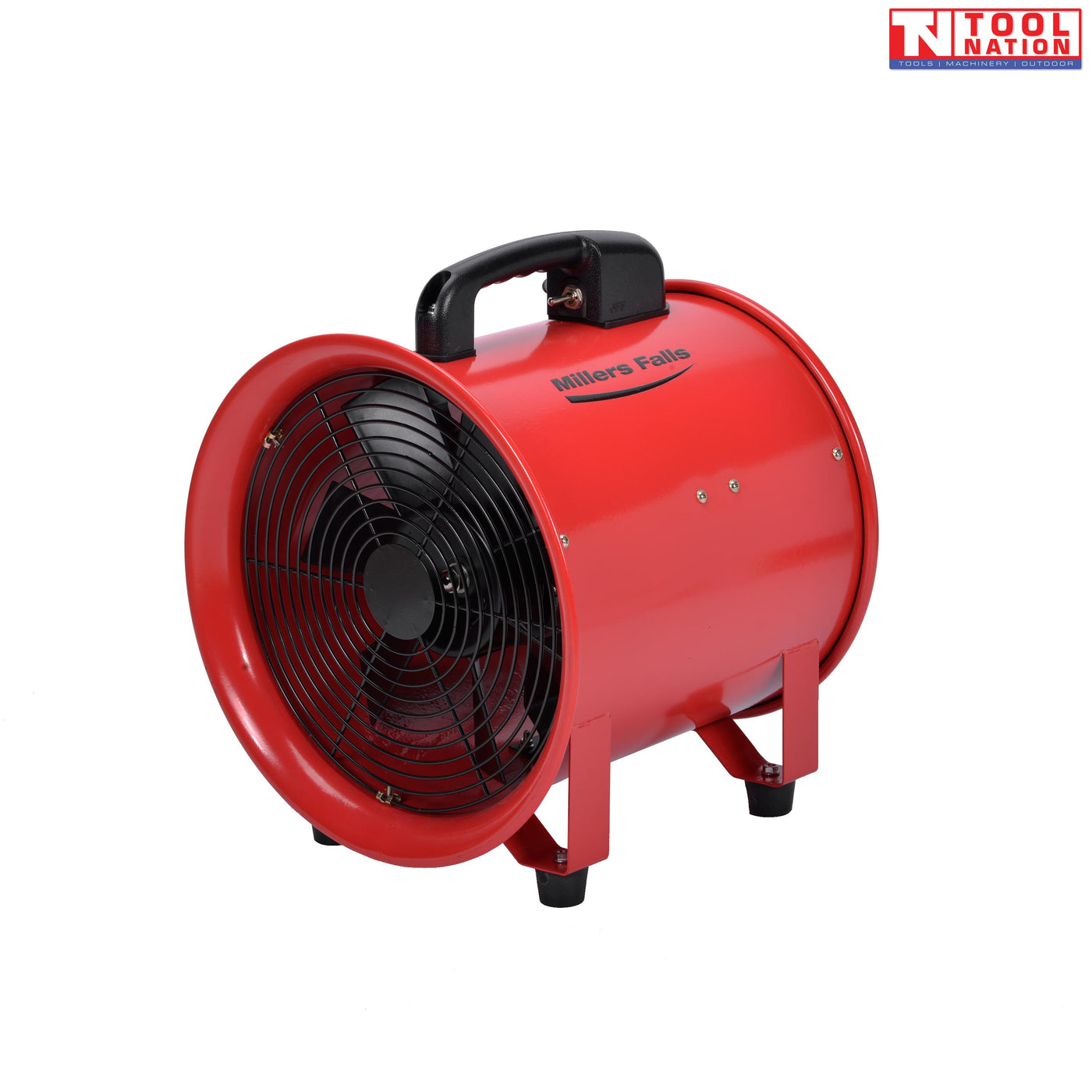 Side view of a red cylindrical ventilator showing handle, motor housing, and black base frame.