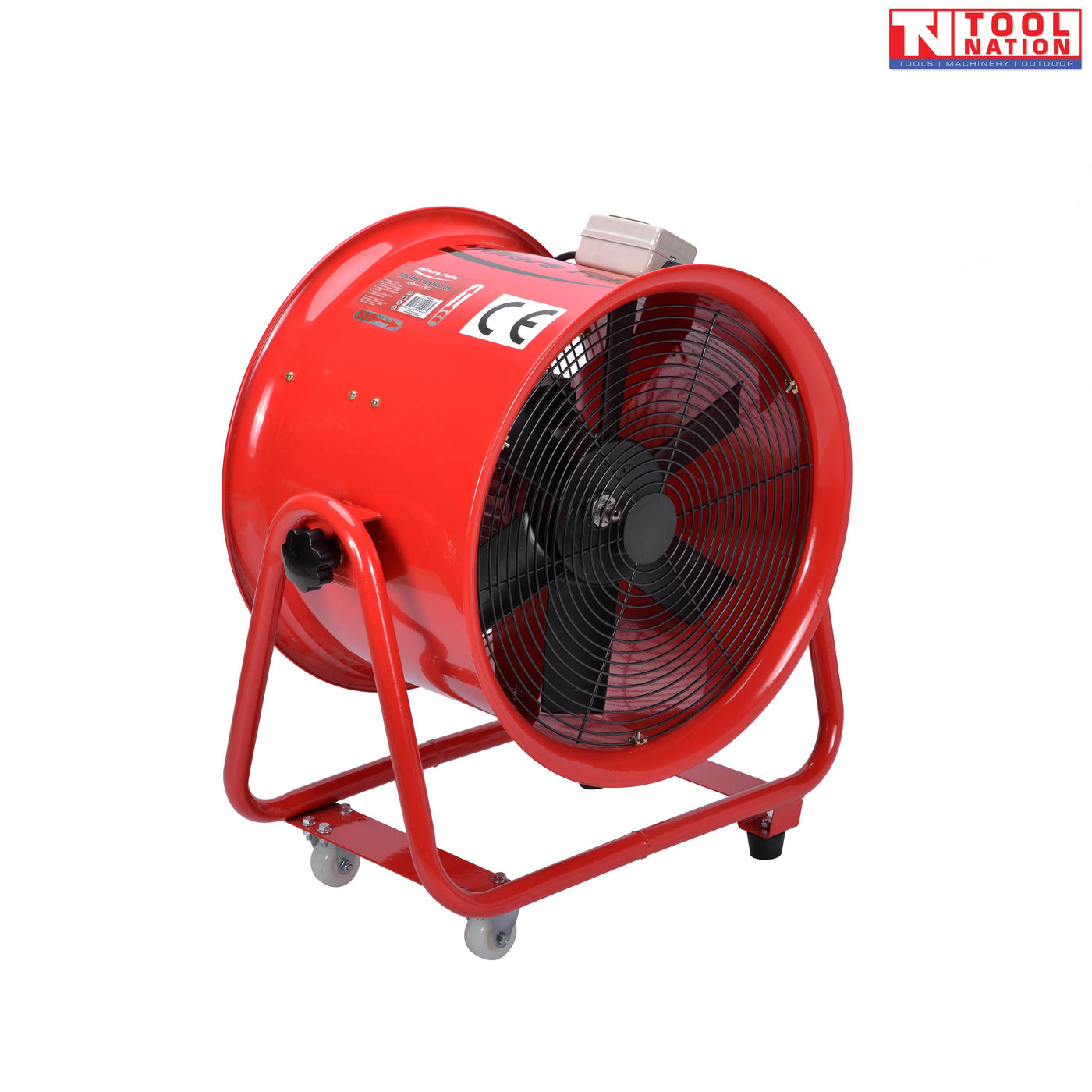 Angled view of a red cylindrical ventilator with black front grille, black fan blades, top switch box, side label, and caster wheels.