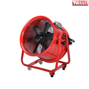 Angled view of a red cylindrical ventilator with black front grille, black fan blades, top switch box, side power cord, and caster wheels.