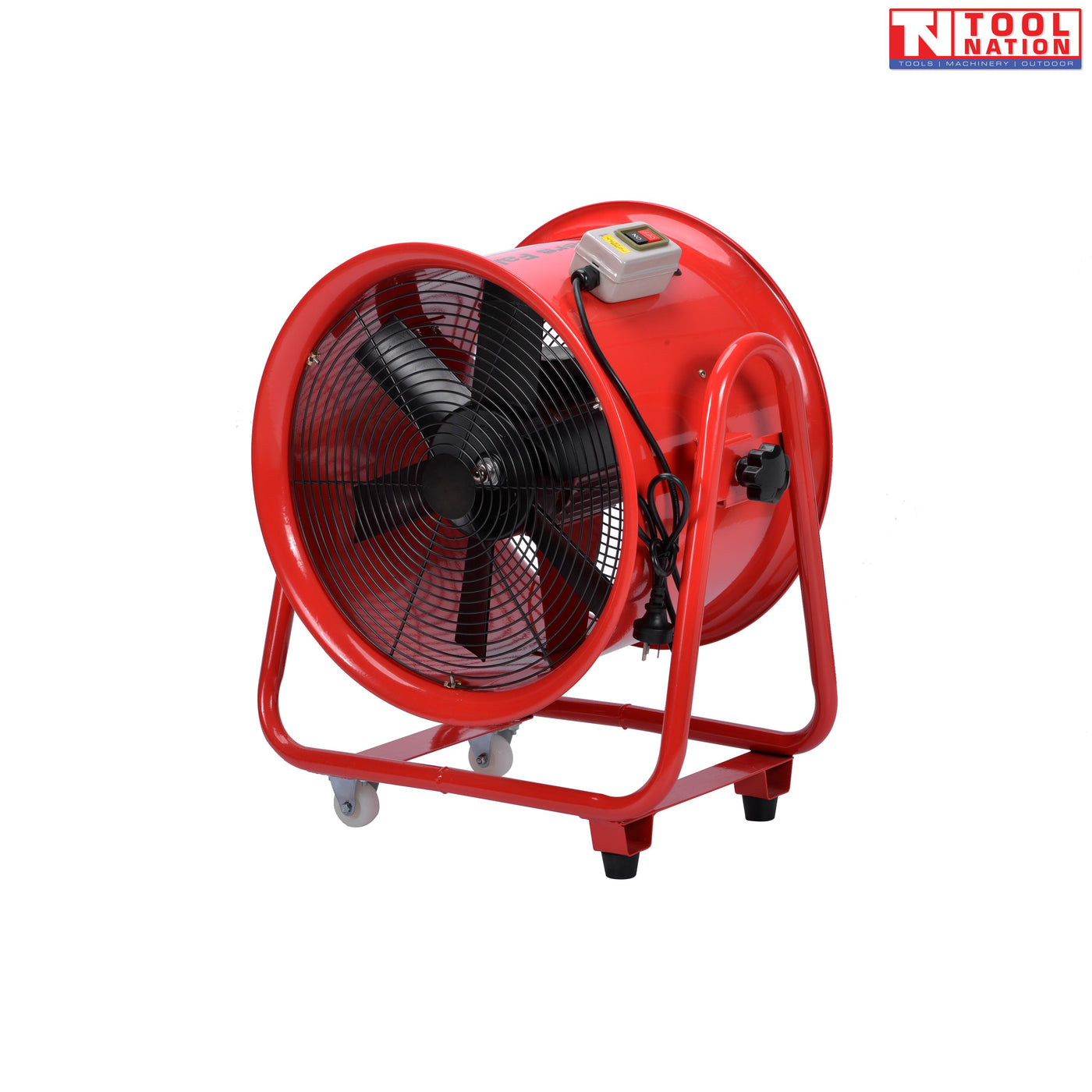 Angled view of a red cylindrical ventilator with black front grille, black fan blades, top switch box, hanging power cord, and caster wheels.
