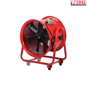 Angled view of a red cylindrical ventilator with black front grille, black fan blades, top switch box, hanging power cord, and caster wheels.