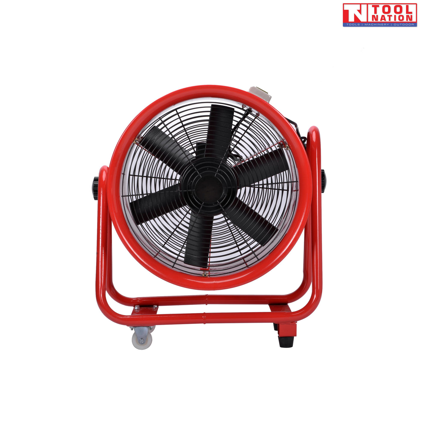 Front view of a red cylindrical ventilator with black grille, black fan blades, red frame, and caster wheels.