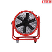 Front view of a red cylindrical ventilator with black grille, black fan blades, red frame, and caster wheels.