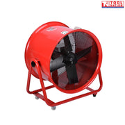 Angled view of a red cylindrical ventilator with black front grille, black fan blades, red support frame, and small wheels.