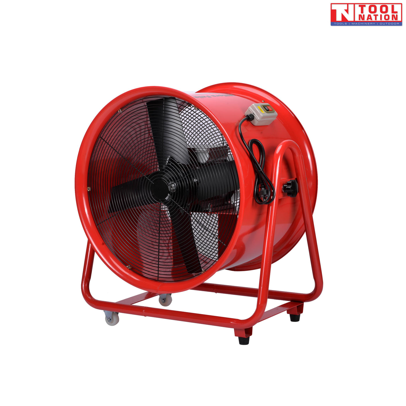 Angled view of a red cylindrical ventilator with black front grille, black fan blades, control box, power cord, red support frame, and small wheels.