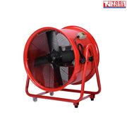 Angled view of a red cylindrical ventilator with black front grille, black fan blades, control box, power cord, red support frame, and small wheels.