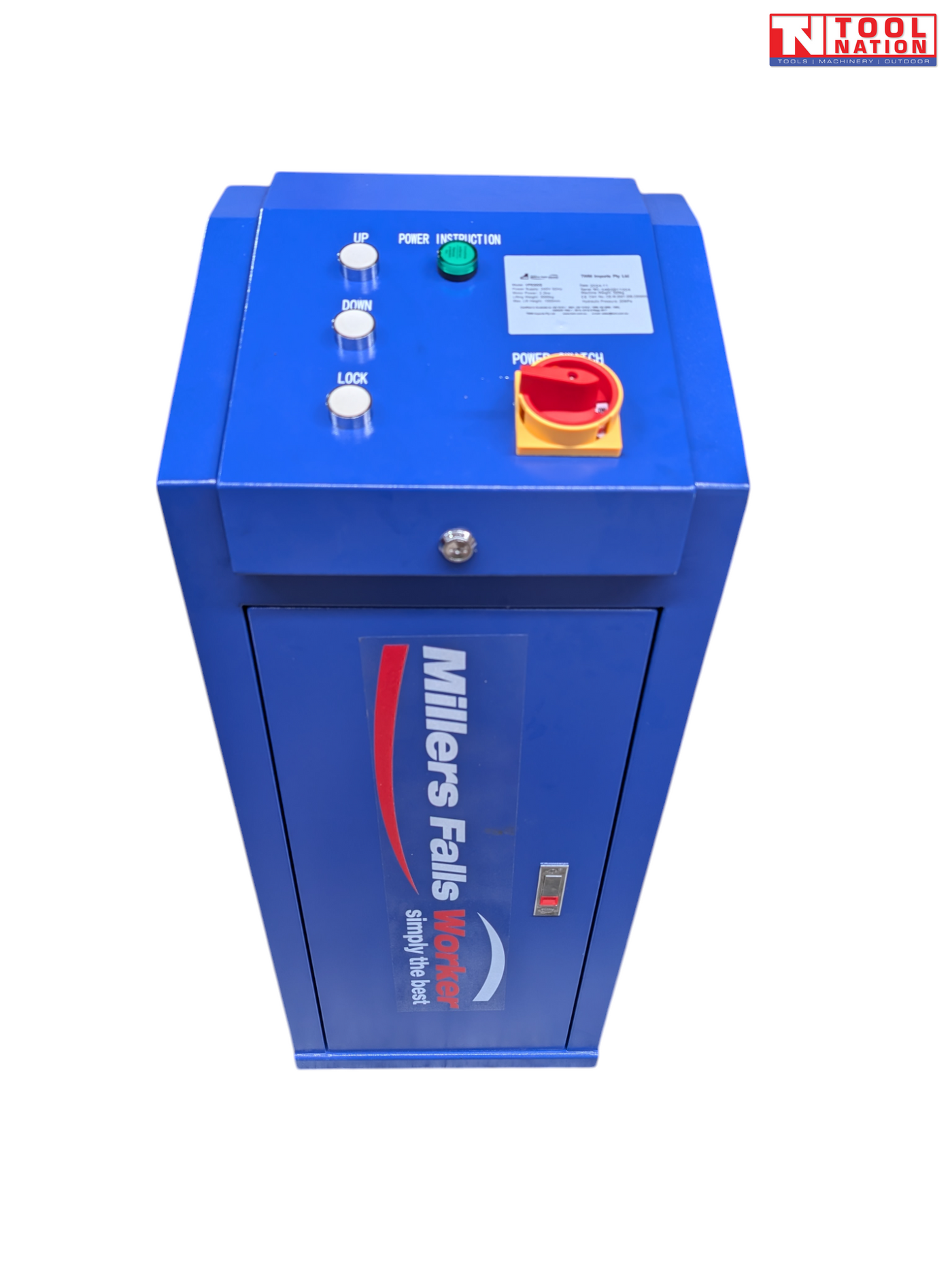 Blue Millers Falls control unit with up, down, and lock buttons, green indicator light, red power switch, and front logo panel on a light grey background.