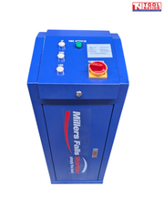 Blue Millers Falls control unit with up, down, and lock buttons, green indicator light, red power switch, and front logo panel on a light grey background.