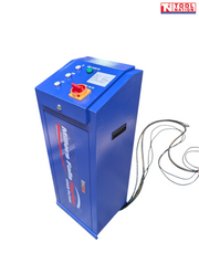 Angled view of a blue Millers Falls control unit with red power switch, control buttons, and attached cables on a light grey background.