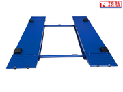Top view of a blue mid-rise car lift in the lowered position with two platforms, black rubber blocks, connecting bars, and folded end ramps on a light grey background.
