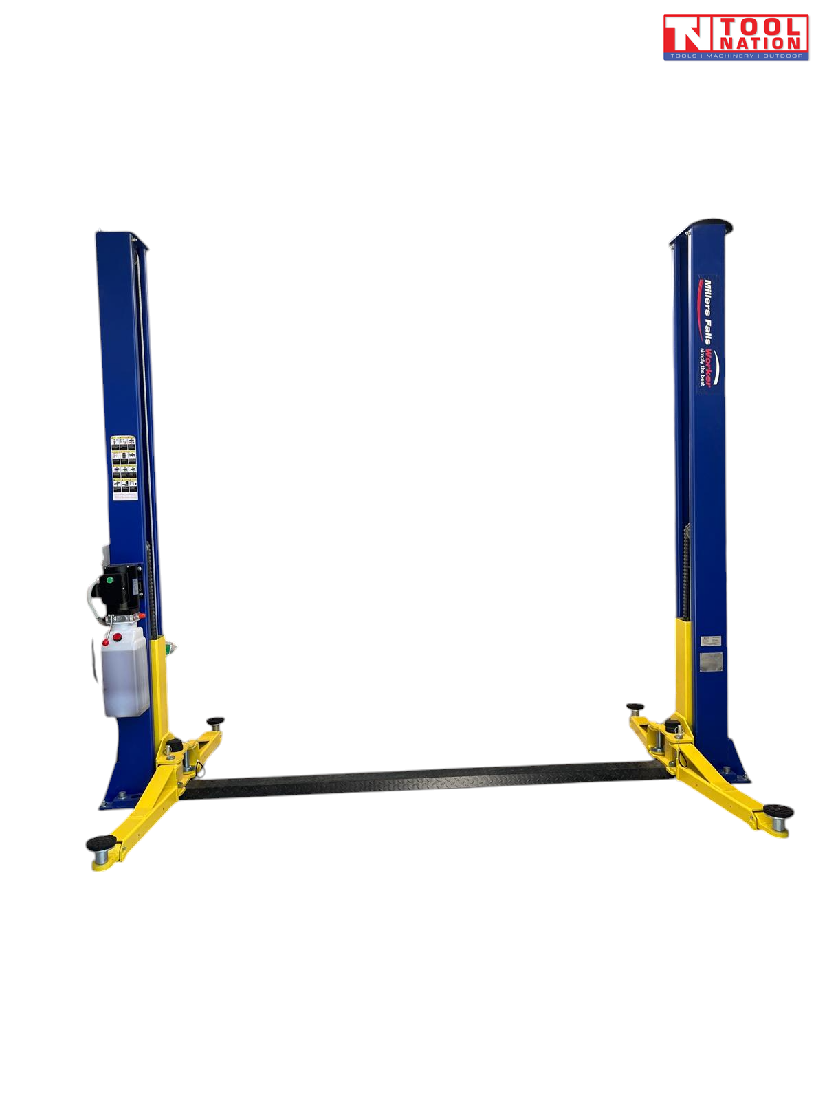 Front view of a blue two-post vehicle lift with yellow lifting arms and a blue floor plate between the posts on a light grey background.