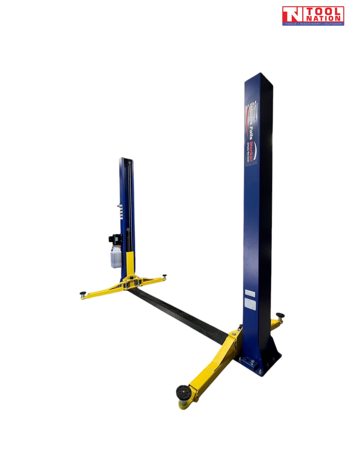Angled view of a blue two-post vehicle lift with yellow lifting arms, a black floor plate, and a motor and fluid reservoir mounted on the left post.