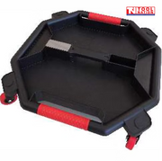 Creeper caddy angled view with open tray, two red handles, four casters, small compartment, and metal plate