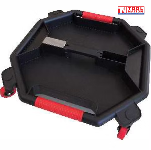 Creeper caddy angled view with open tray, two red handles, four casters, small compartment, and metal plate