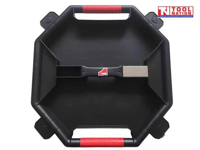 Creeper caddy top view with open tray, two red handles, small compartment, metal plate, and TWM label