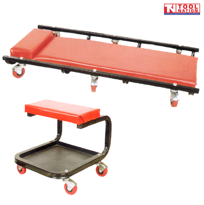 Creeper and rolling seat shown together, with red padded cushions, black frames, and red casters