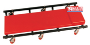 Creeper angled top view with red padded surface, headrest, black frame, and red casters