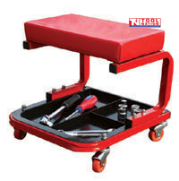 Rolling seat angled view with red padded seat, black tray base, tools, and red casters