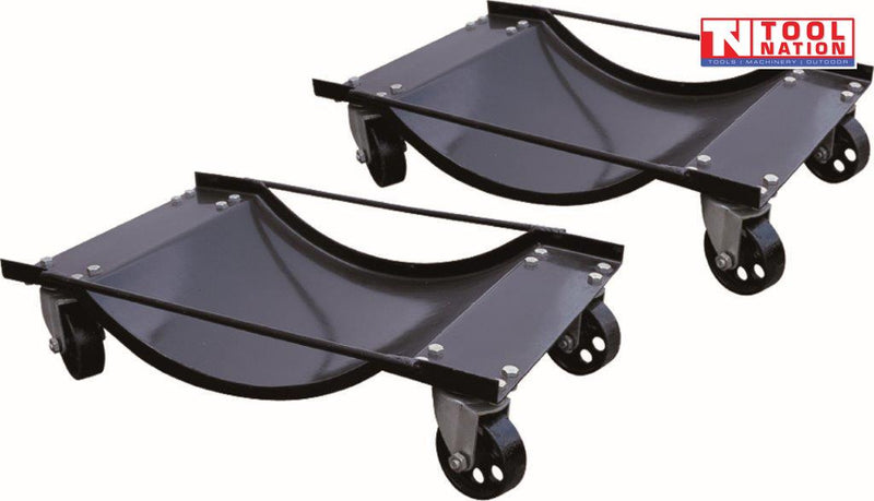 Two black vehicle wheel dollies with curved platforms and swivel casters