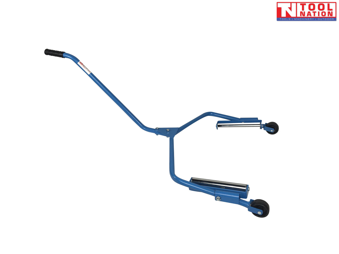 Side view of blue single tyre handler dolly with long handle, two black rollers, and two small wheels