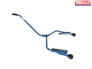 Side view of blue single tyre handler dolly with long handle, two black rollers, and two small wheels