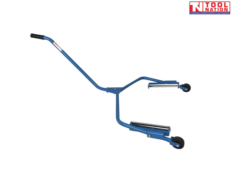 Side view of blue single tyre handler dolly with long handle, two black rollers, and two small wheels