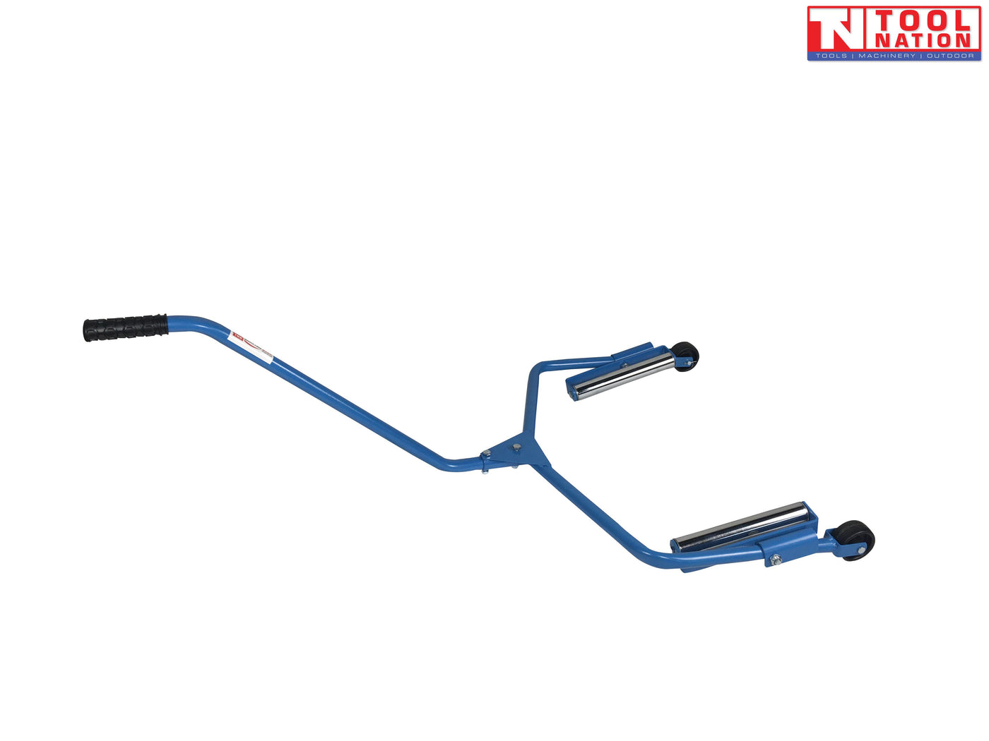 Angled side view of blue single tyre handler dolly with long handle, twin rollers, and two small wheels