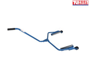 Angled side view of blue single tyre handler dolly with long handle, twin rollers, and two small wheels
