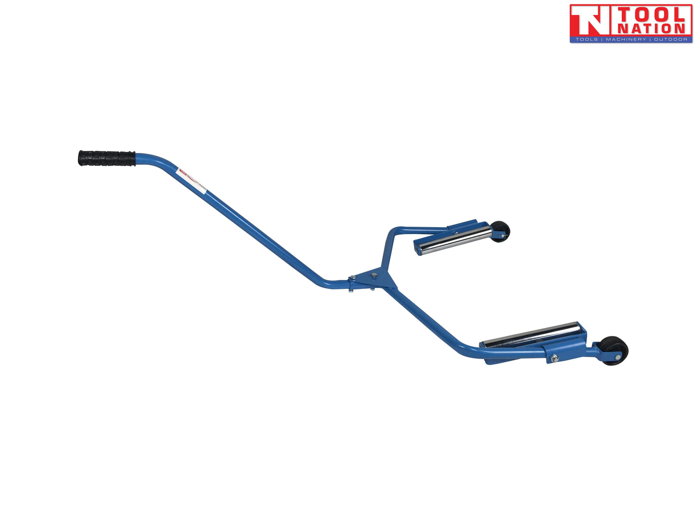 Angled side view of blue single tyre handler dolly with long handle, two black rollers, and two small wheels