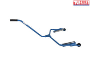 Angled side view of blue single tyre handler dolly with long handle, two black rollers, and two small wheels