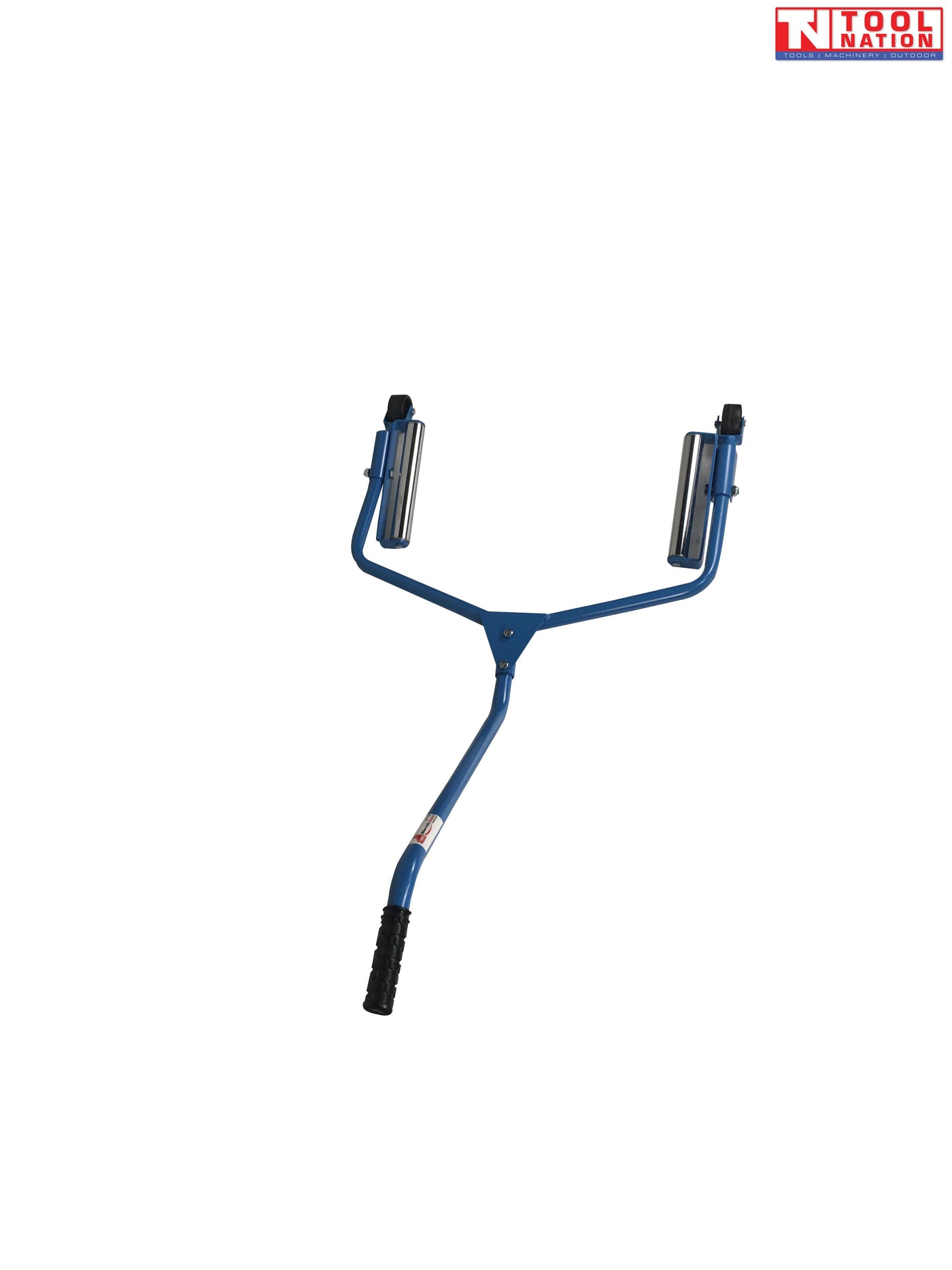 Front view of blue single tyre handler dolly with long handle, twin rollers, and two small wheels