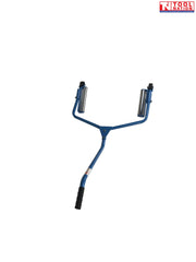Front view of blue single tyre handler dolly with long handle, twin rollers, and two small wheels