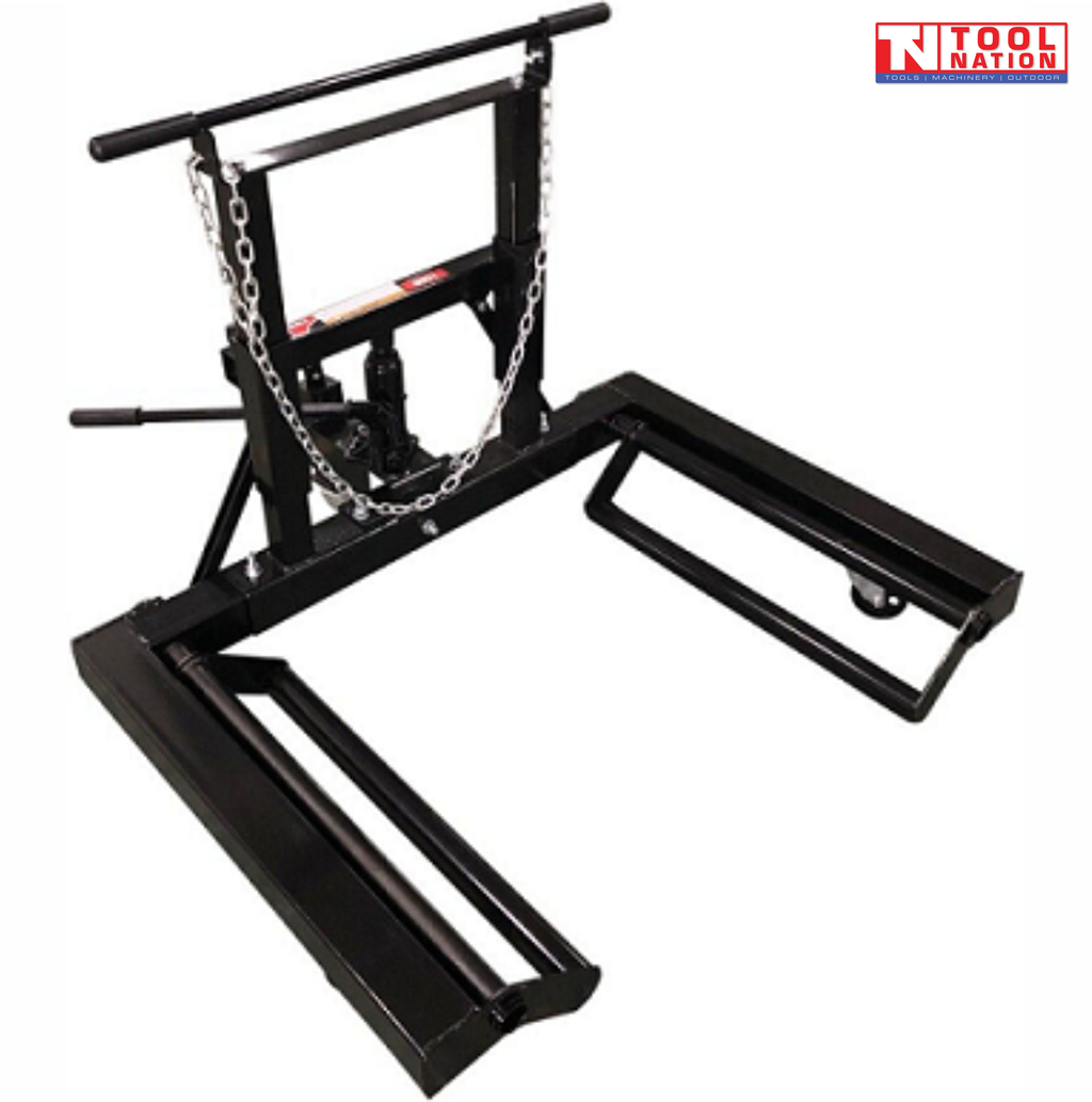 Black commercial truck wheel dolly with dual roller platforms, center jack, chains, and T-handle
