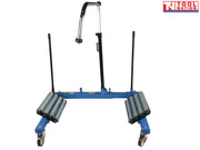 Front view of blue tractor wheel dolly with twin roller platforms, caster wheels, and central support arm