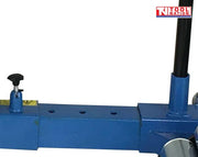 Close-up of blue frame section with adjustment holes, black knob, and upright post