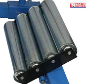 Close-up of four silver rollers mounted on blue tractor wheel dolly frame