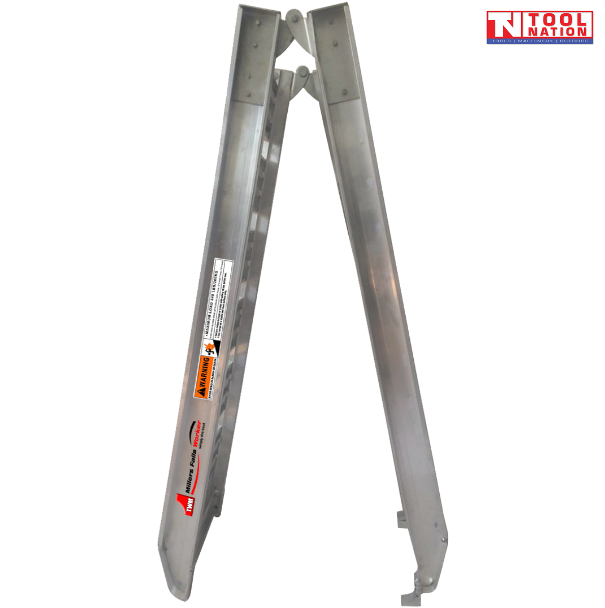 Side view of folded aluminium loading ramp in A-frame position on a light grey background