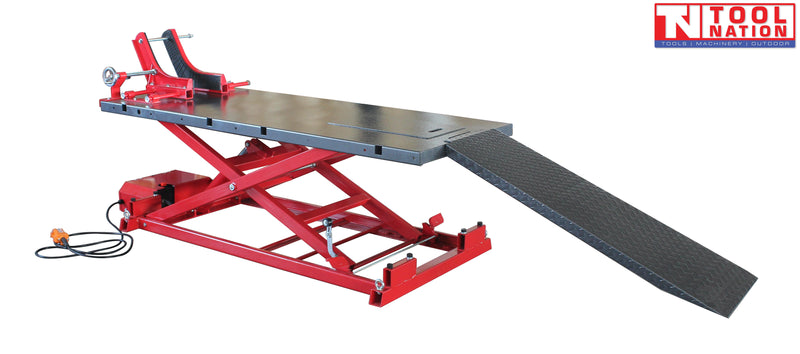 Electric motorcycle lift table with front wheel clamp and long loading ramp on a light grey background
