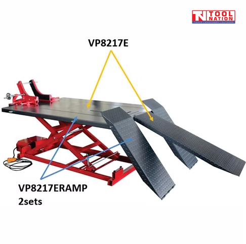 Electric motorcycle lift table with two detachable side ramps highlighted by arrows on a light grey background