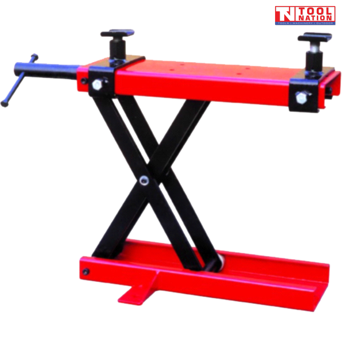 Mini motorcycle scissor lift with black scissor frame and red top platform shown raised on a light grey background