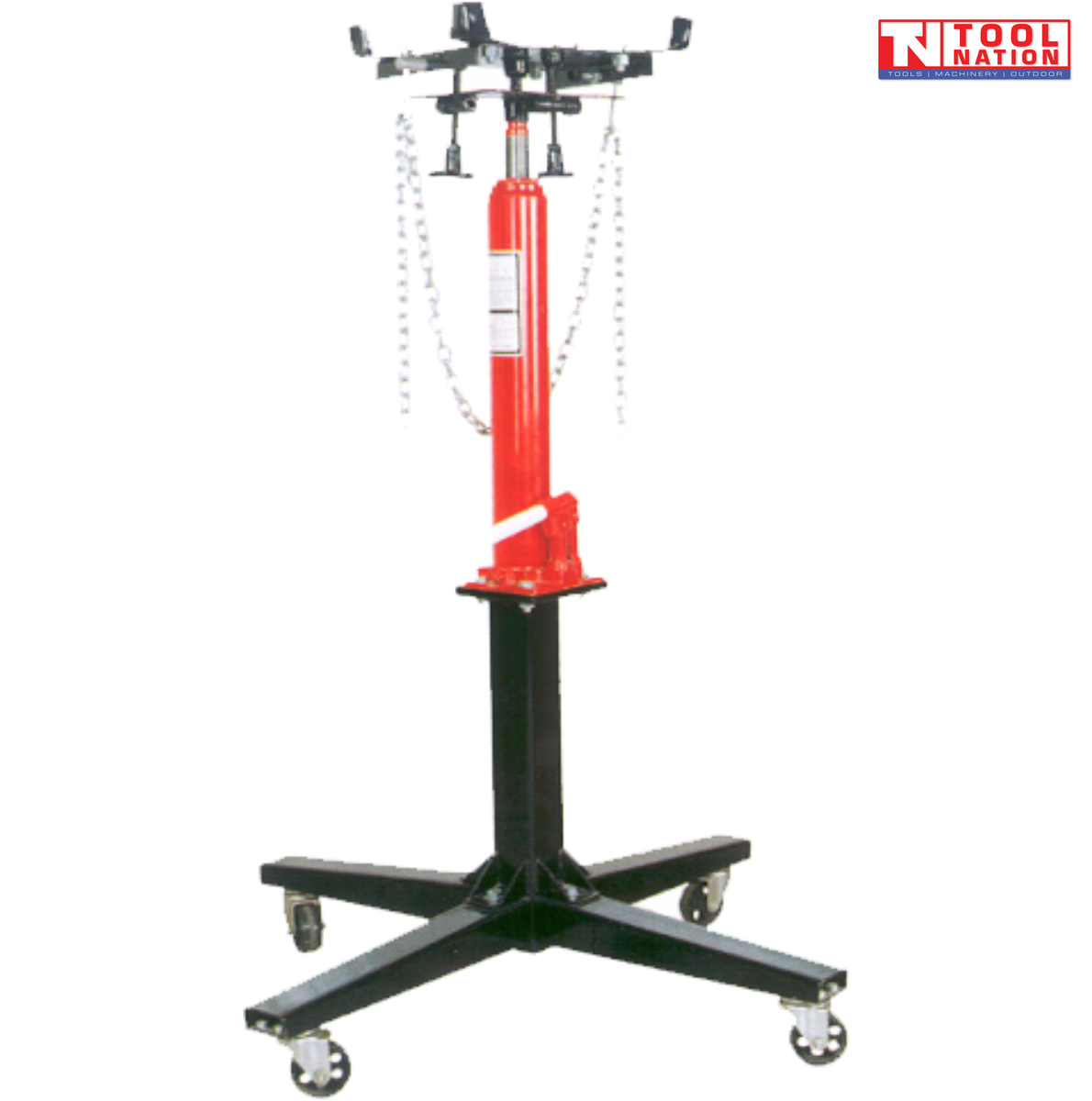Tall transmission jack with red hydraulic column, black saddle arms, hanging chains, and five caster legs