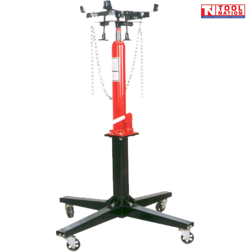 Tall transmission jack with red hydraulic column, black saddle arms, hanging chains, and five caster legs