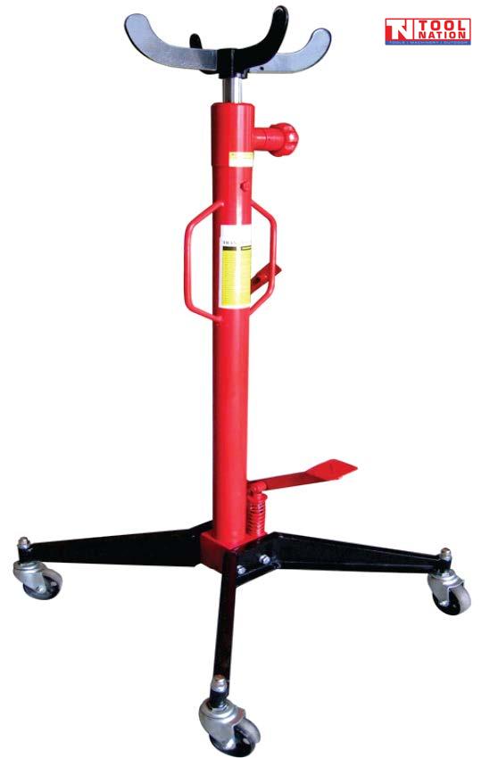 Red hydraulic transmission jack with black saddle arms, foot pedal, and four caster legs