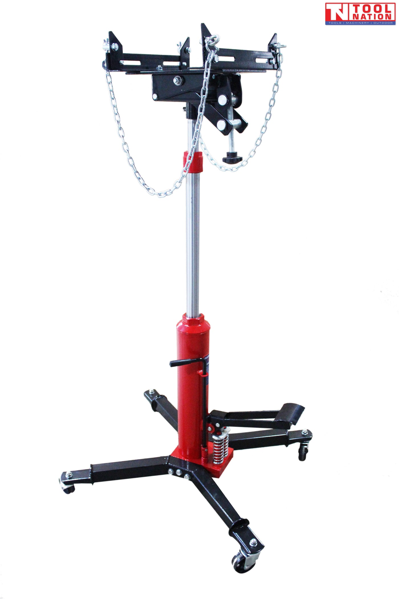 Transmission jack with red hydraulic column, black adjustable saddle, safety chains, foot pedal, and four caster legs