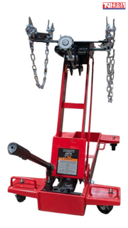 Side view of red hydraulic floor transmission jack with black saddle plate, side adjustment knob, and handle