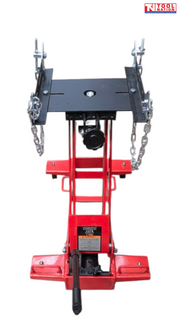 Top view of red hydraulic floor transmission jack with black saddle plate and handle