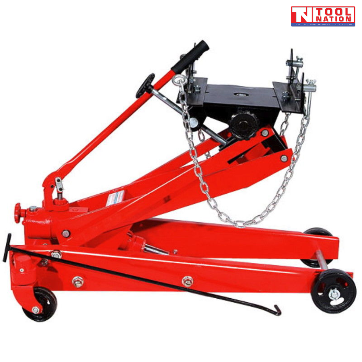 Side view of red floor transmission trolley jack with black saddle plate, safety chains, and long handle